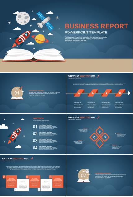 书籍火箭宇宙飞船扁平化动漫PPT模板