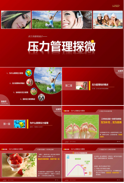小图片排列红色封面员工压力管理培训PPT模板