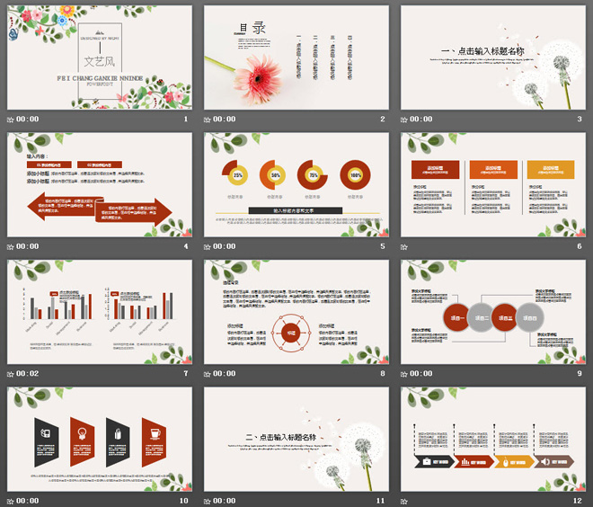 清新文艺范的手绘藤蔓艺术PPT模板