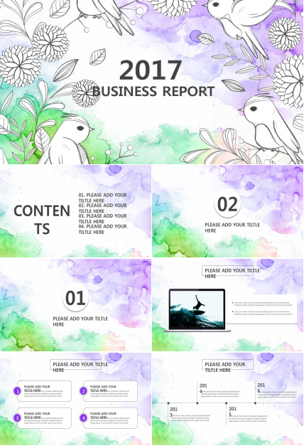 手绘花鸟水彩企业活动策划商业PPT模板