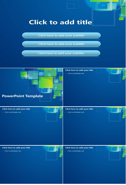 蓝色背景绿色方块叠加的科技感ppt模板