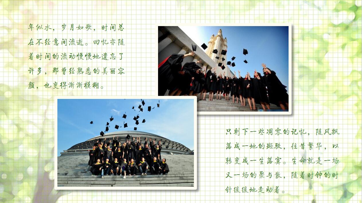 绿色淡雅清新大学生活毕业回忆录ppt模板