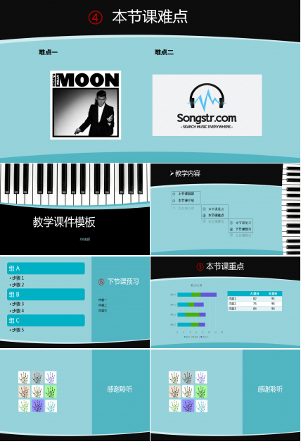 蓝色简约现代大气钢琴主题教学ppt模板