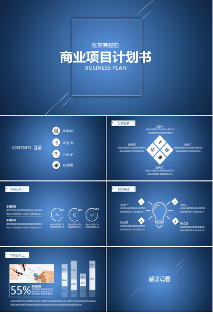 蓝色商务简约大气商业项目计划书ppt模板