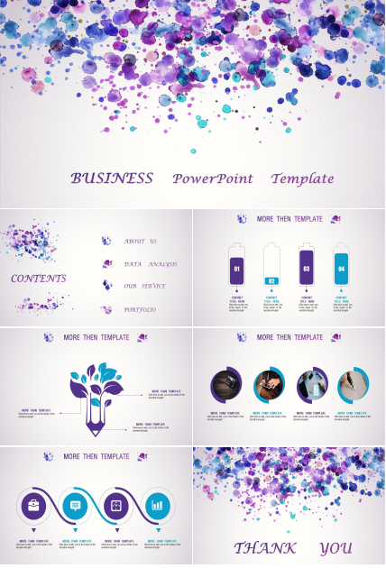 紫色水彩创意墨点工作总结ppt模板