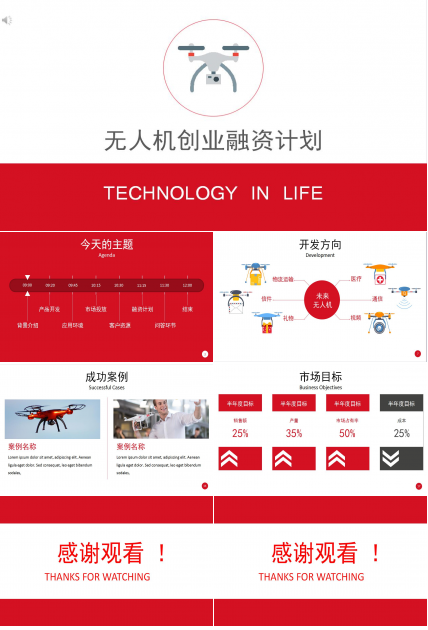 红色简约无人机创业融资计划书ppt模板