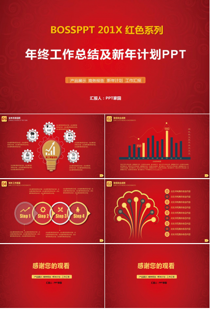 红色简洁年终工作总结及新年计划ppt模板