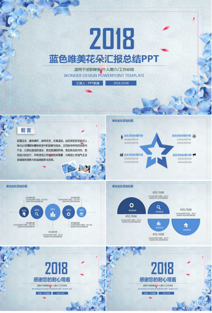 蓝色唯美花朵述职报告ppt模板