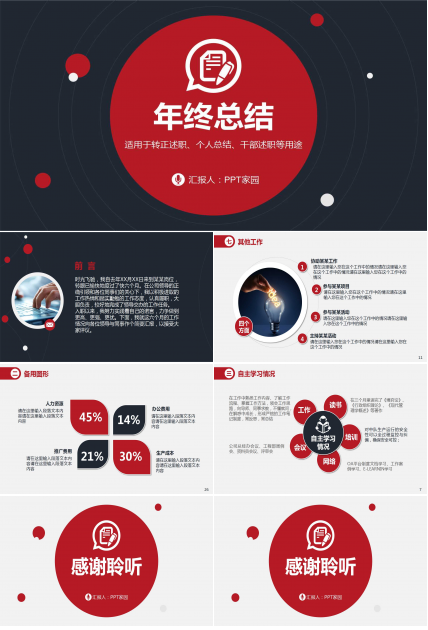 红黑简洁大气年终总结ppt模板