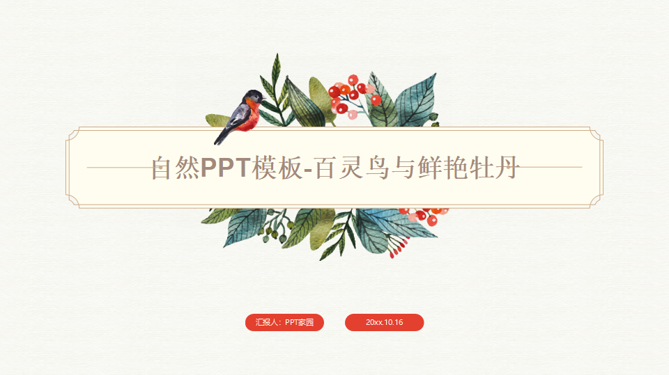 自然PPT模板-百灵鸟与鲜艳牡丹