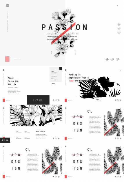 创意黑白简约线条花朵植物工作汇报ppt模板