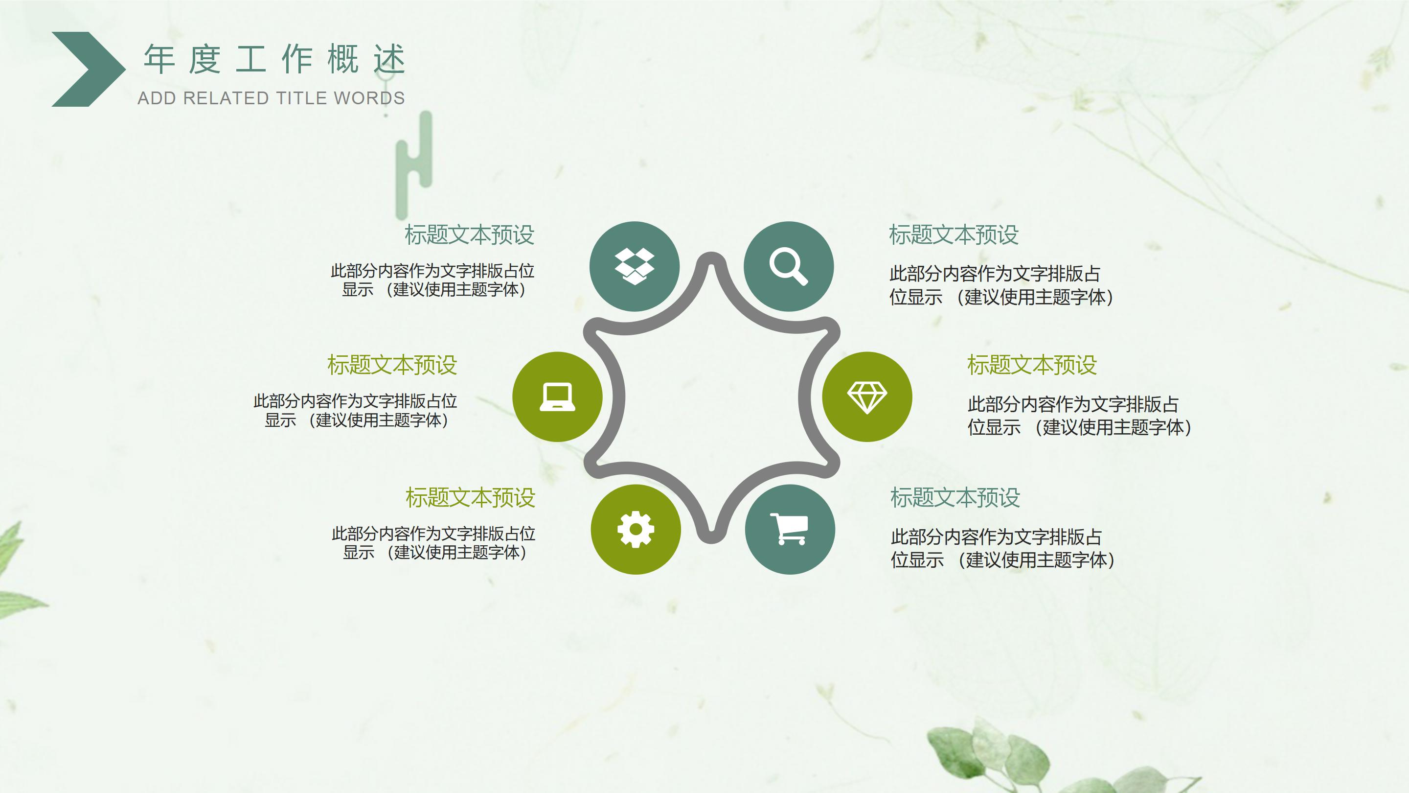 清新绿色水彩植物点缀公司工作总结PPT模板