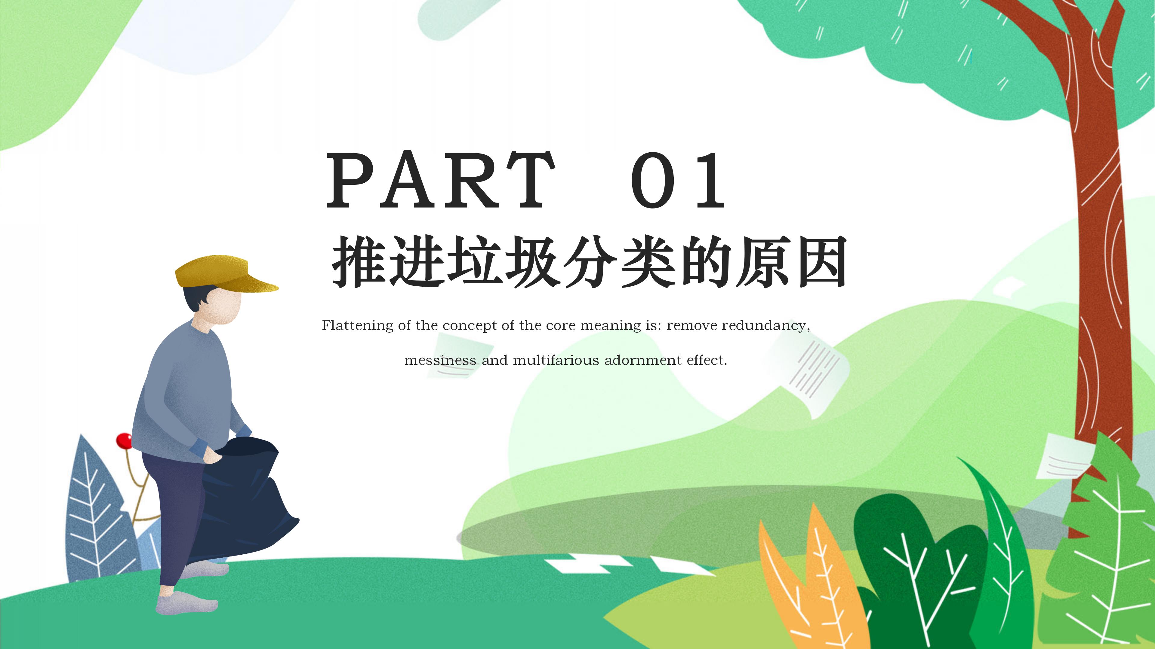 清新绿色动漫插画风背景垃圾分类环保宣传PPT模板