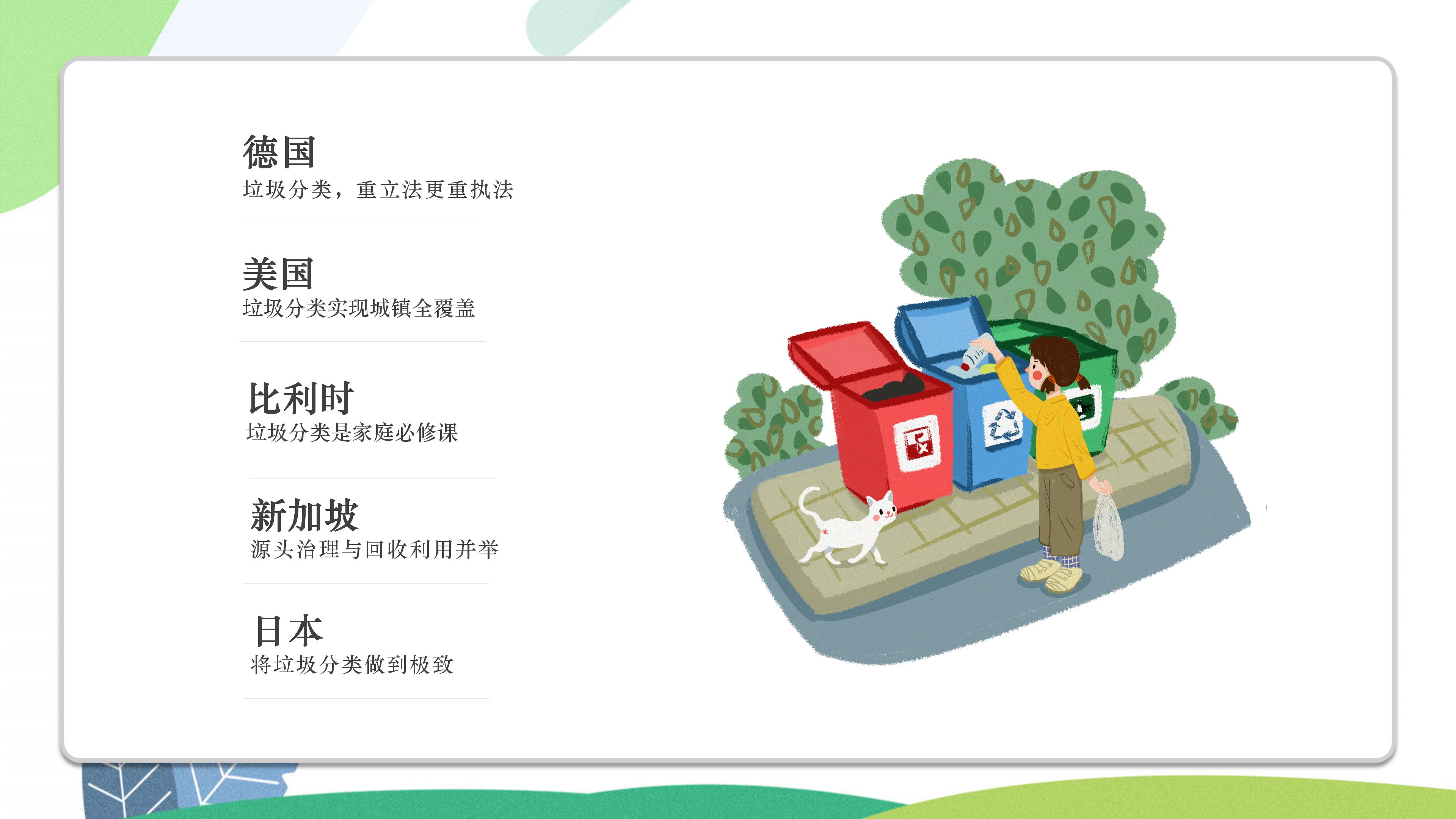 清新绿色动漫插画风背景垃圾分类环保宣传PPT模板