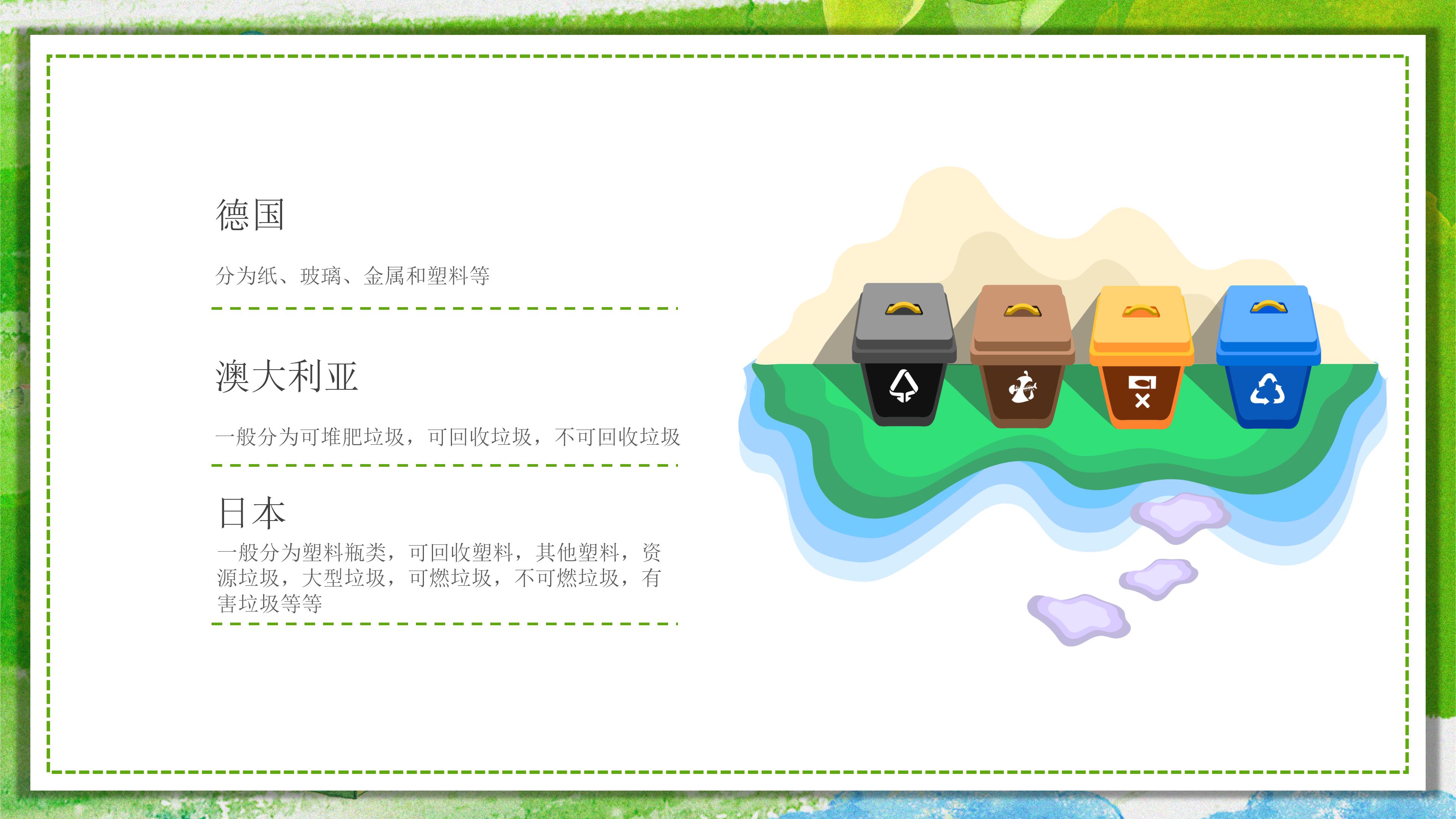 绿色清新水彩卡通风背景垃圾分类环保宣传PPT模板