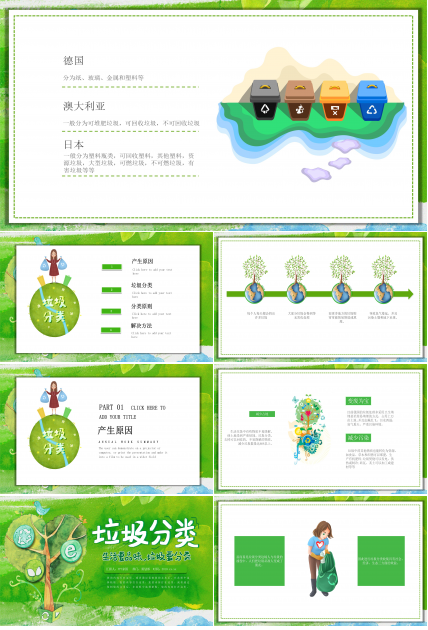绿色清新水彩卡通风背景垃圾分类环保宣传PPT模板