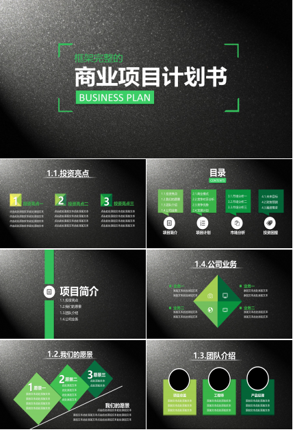 高端大气哑黑磨砂背景商业计划书PPT模板