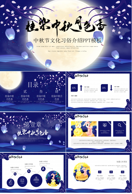 淡雅唯美深蓝色调中秋节文化介绍PPT模板