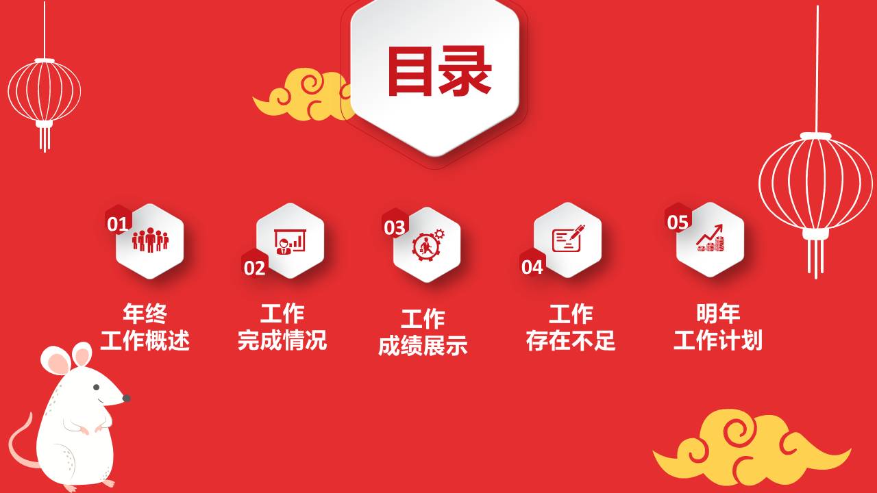 卡通喜庆鼠年年终总结新年计划ppt模板