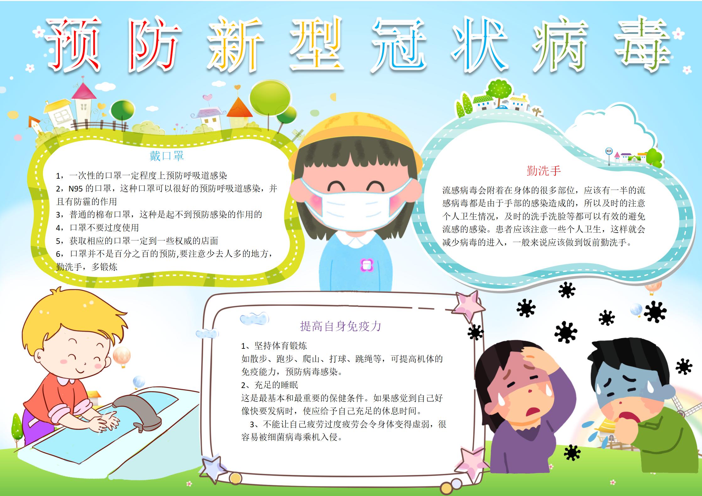 蓝色卡通预防新型冠状病毒手抄报