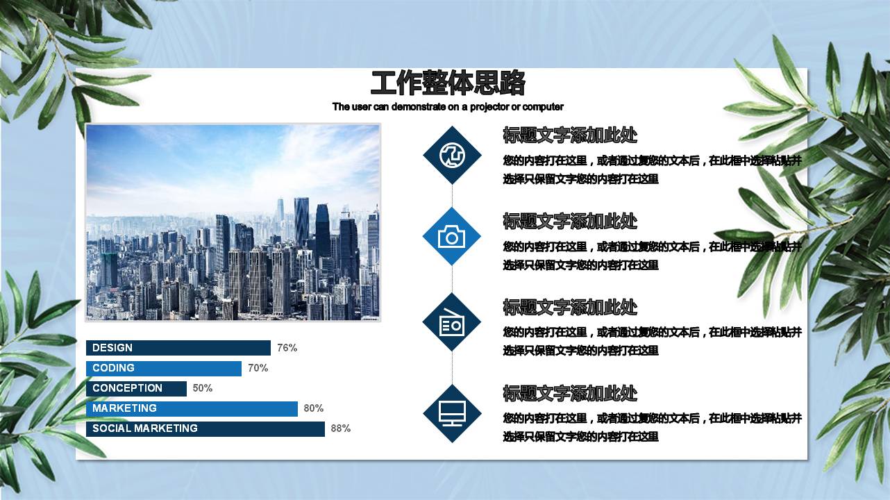 清新绿叶卡片背景的商务演示PPT模板