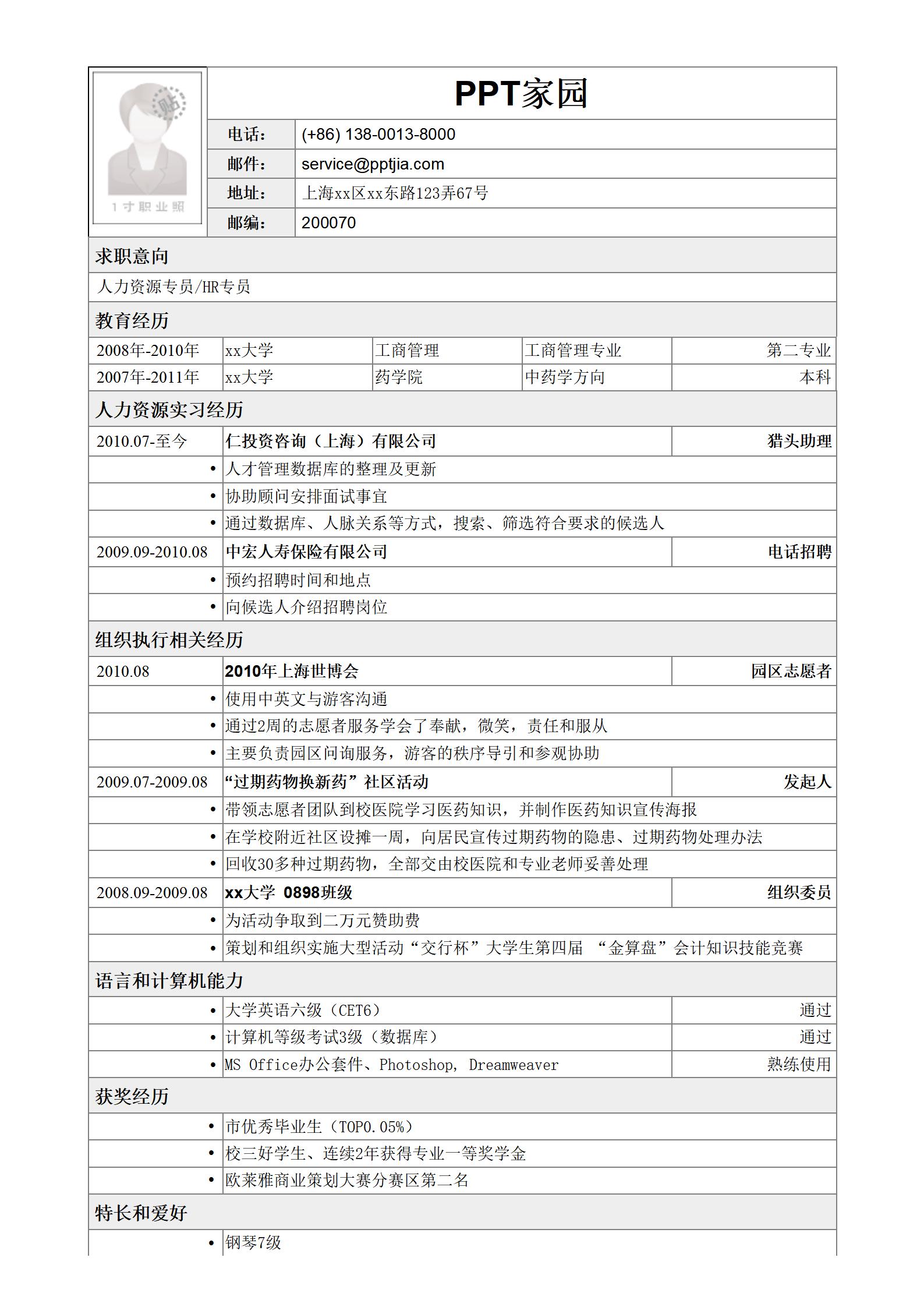 人力资源专员求职简历