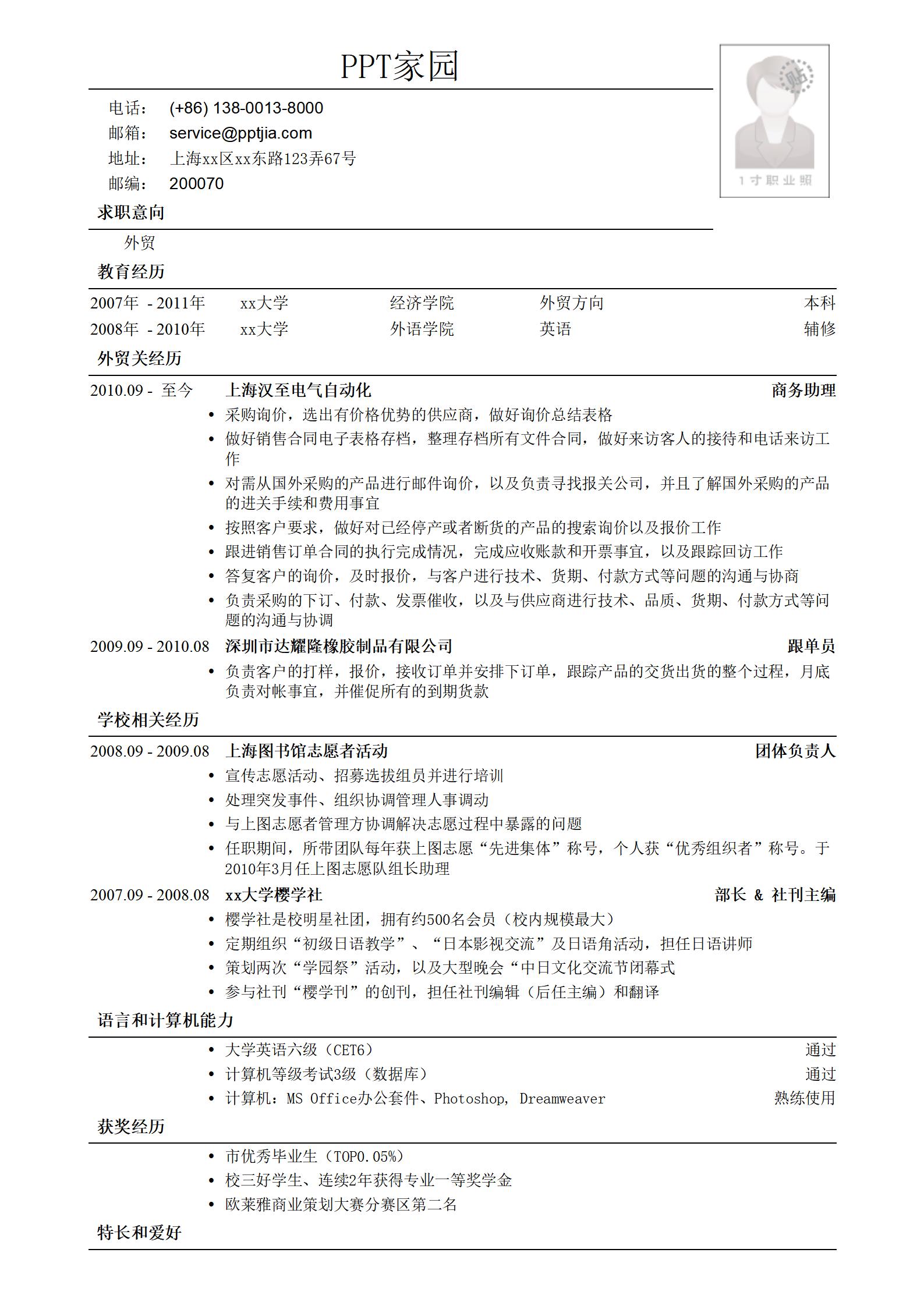 外贸岗位应聘简历模板
