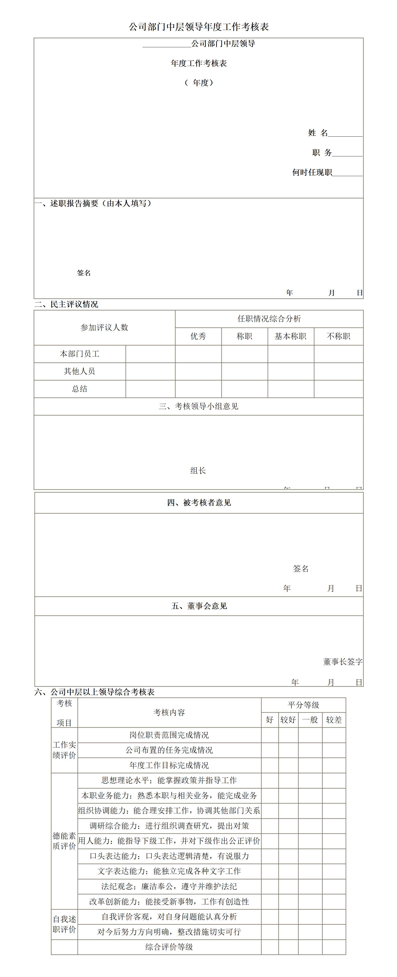 企业管理部门中层领导年度工作考核表word模板