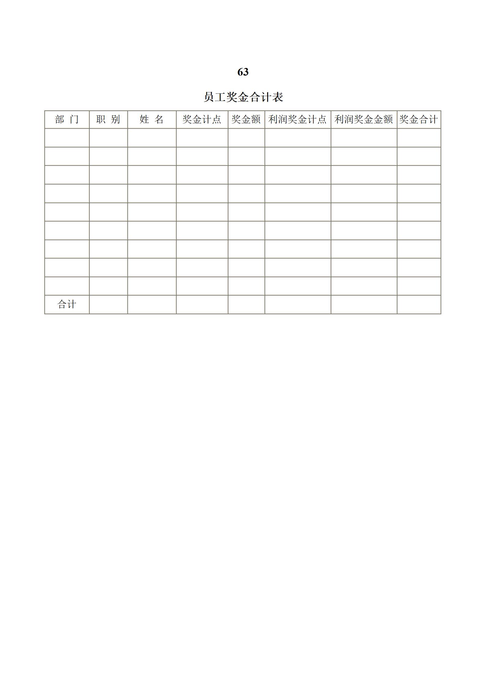 企业员工奖金合计表word模板