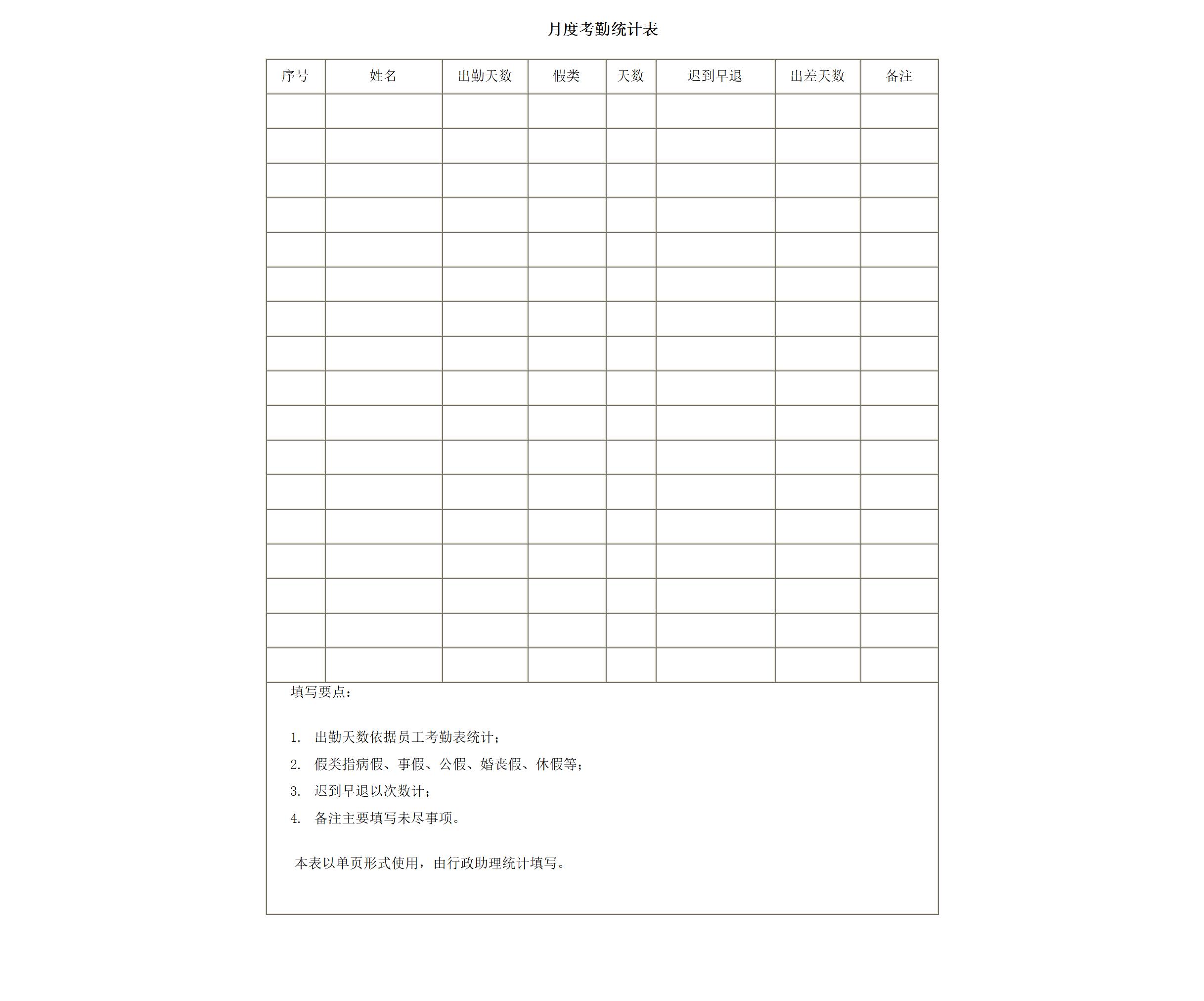 月度考勤统计表word模板