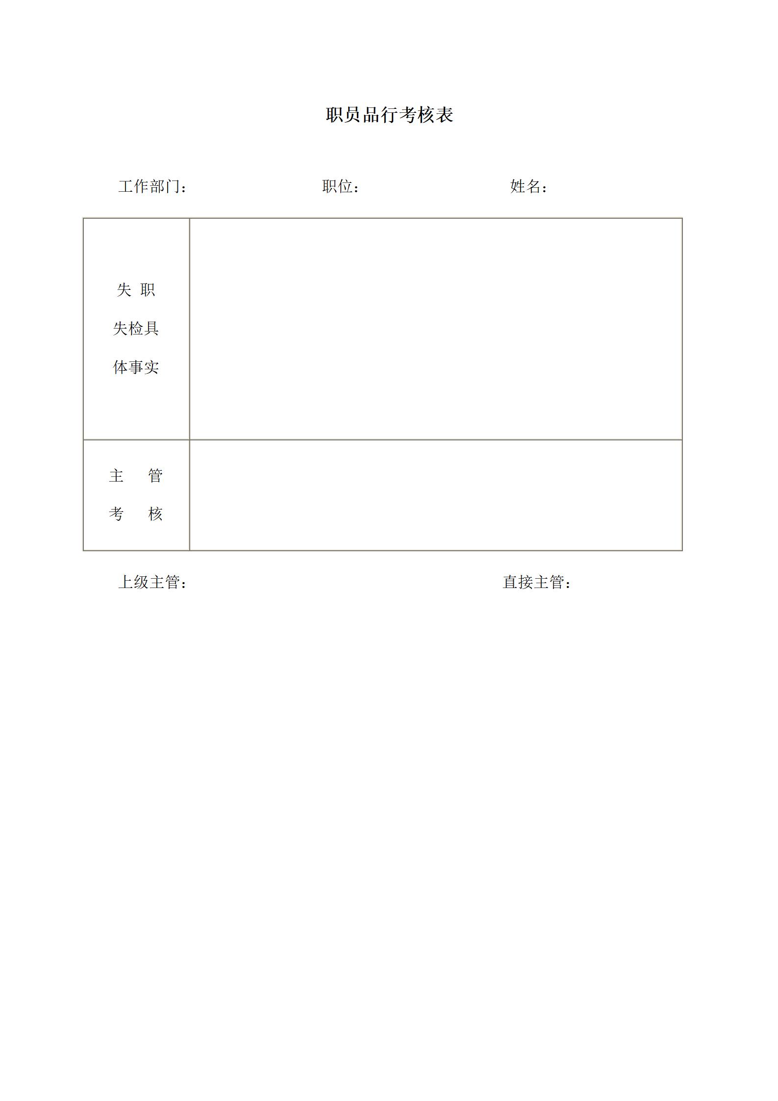 员工管理职员品行考核表word模板