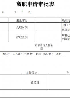 辞职申请审批表excel模板