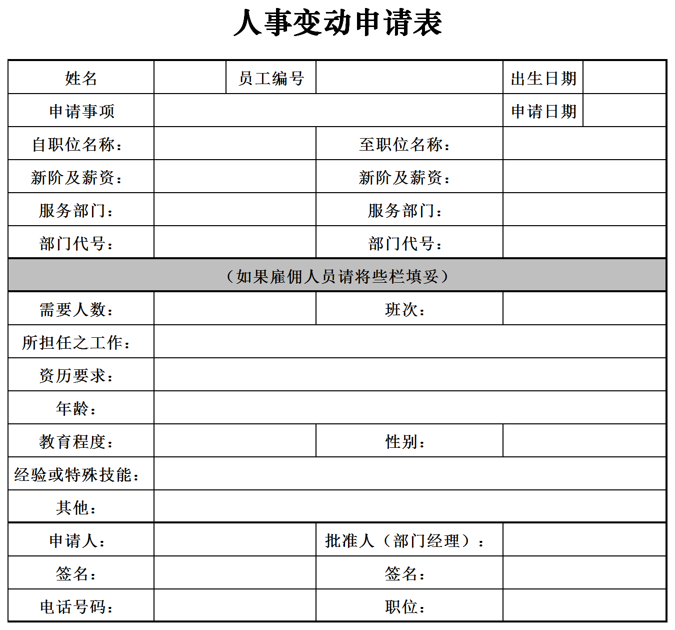 人事变动申请表excel模板