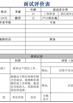 面试评价表excel模板
