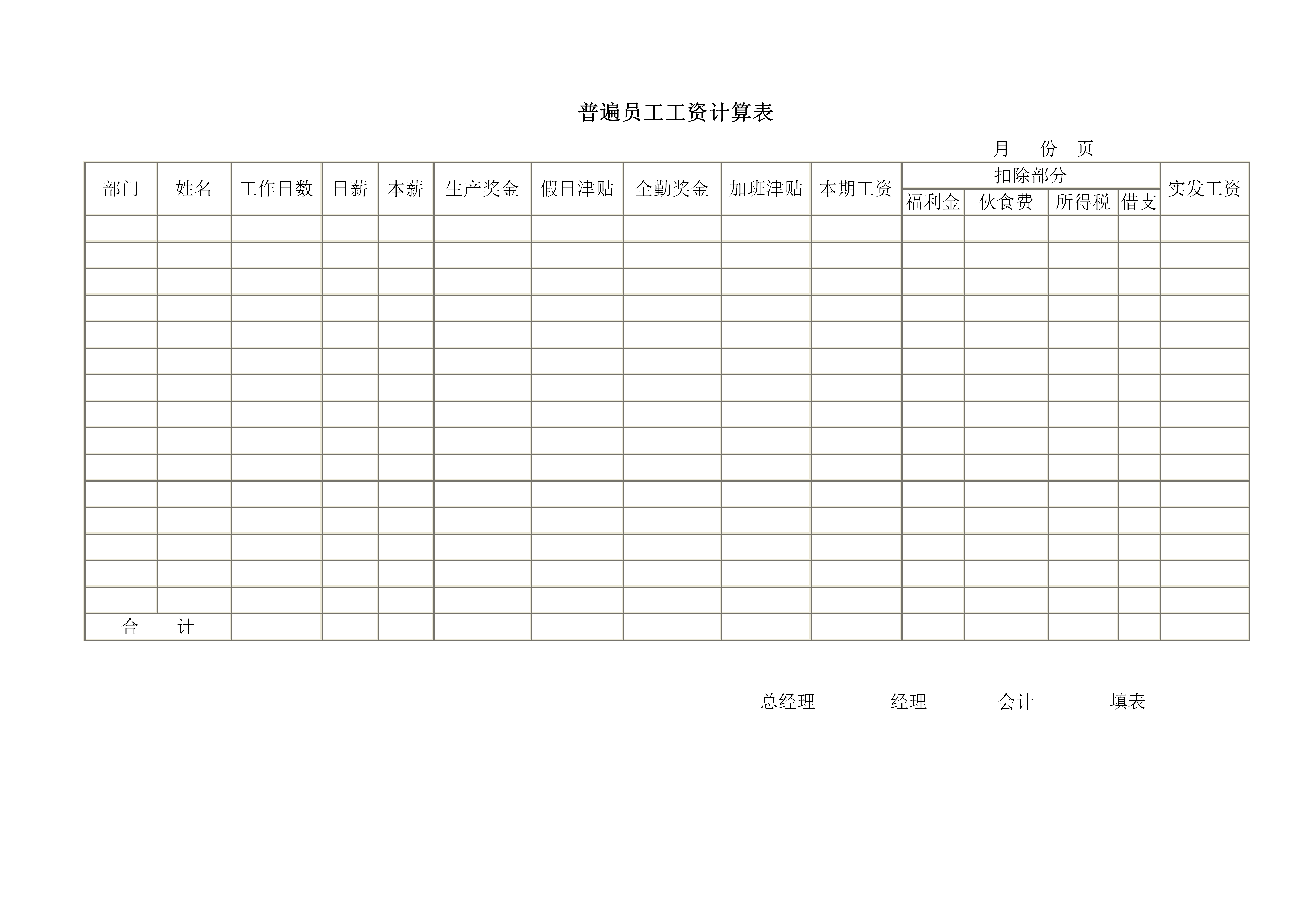 普遍员工工资计算word模板