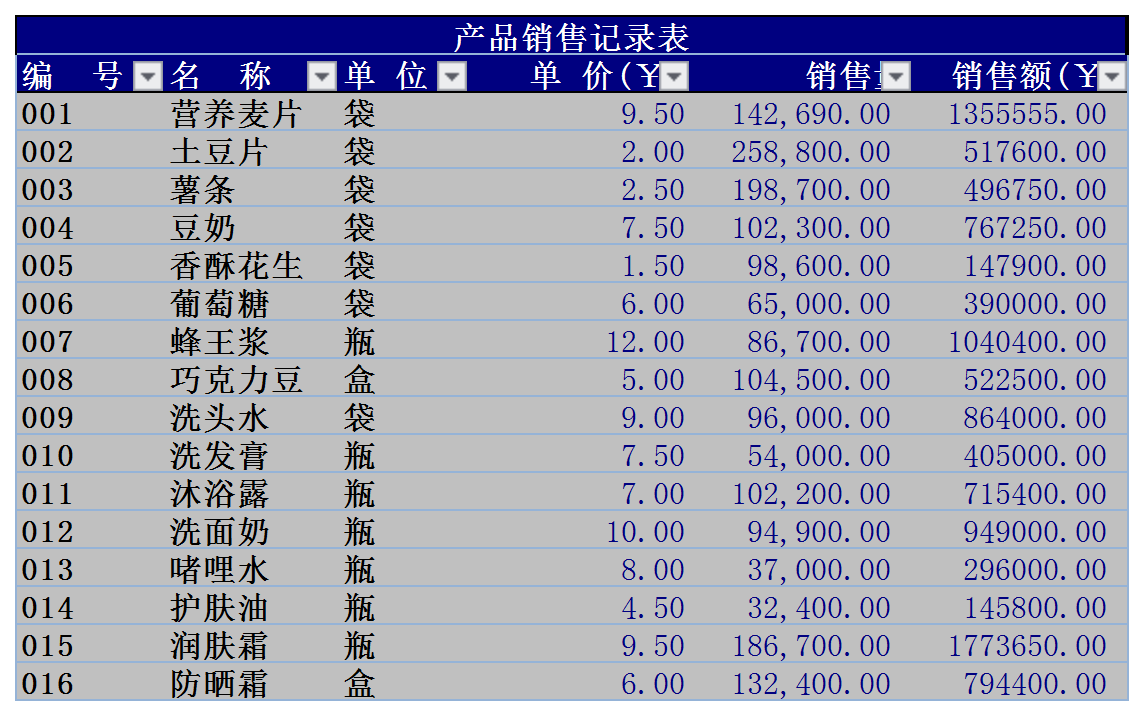 产品销售记录表excel模板