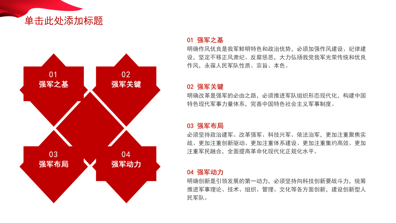隆重华丽创意标题字幕点缀建军节党政PPT模板