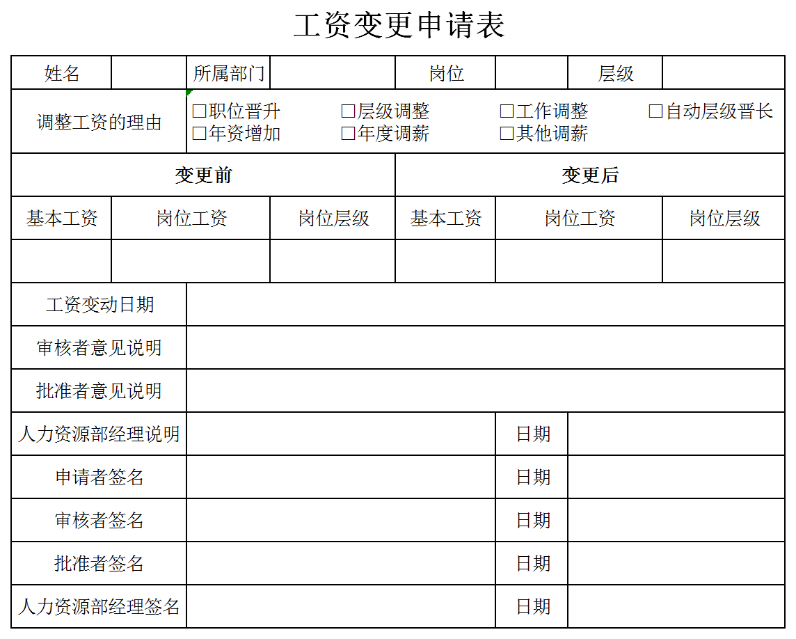 工资变更申请书excel模板