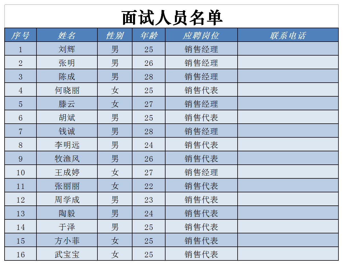 面试人员名单表excel模板