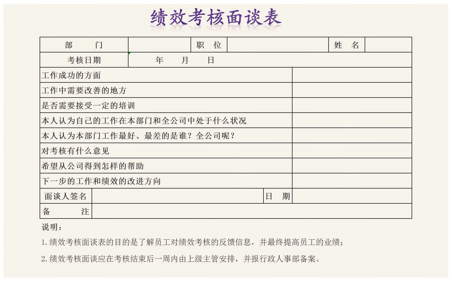 绩效考核面谈表excel模板
