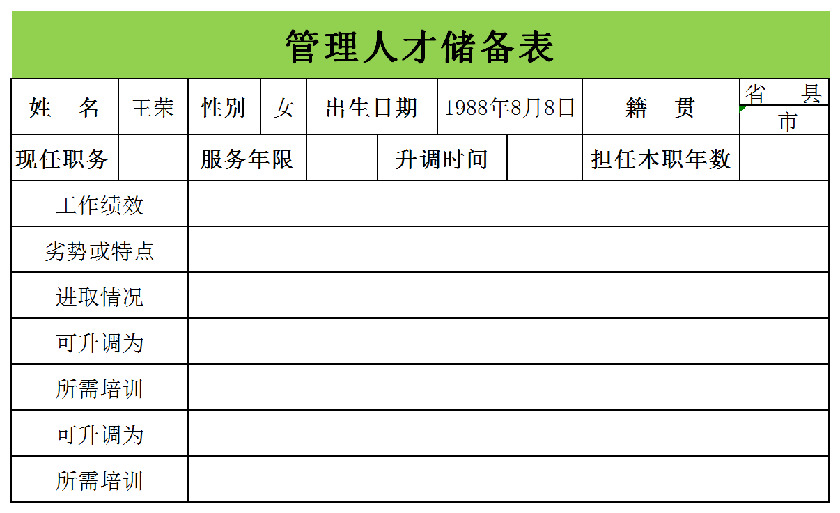 管理人才储备表excel模板