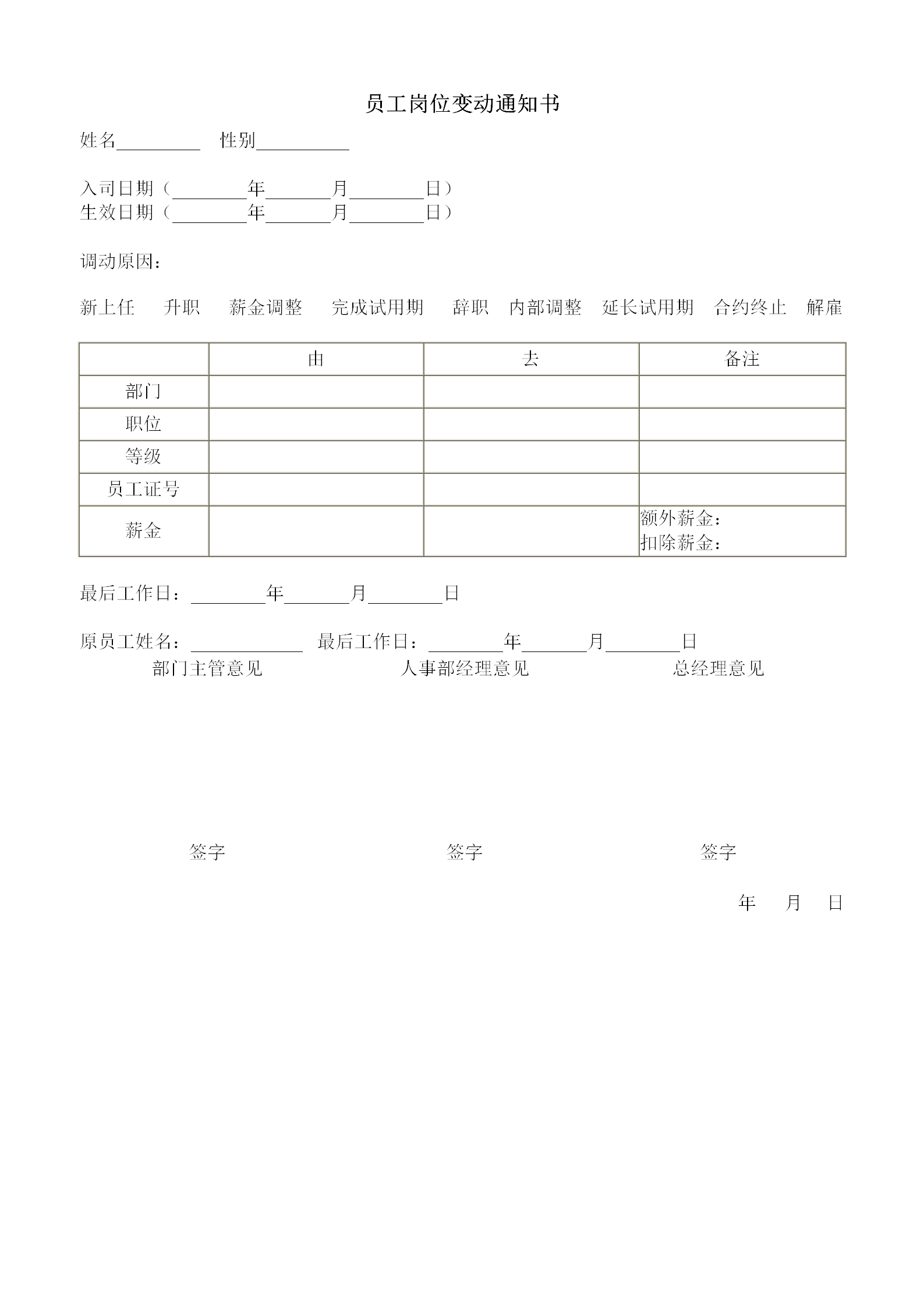 企业员工岗位变动通知书word模板