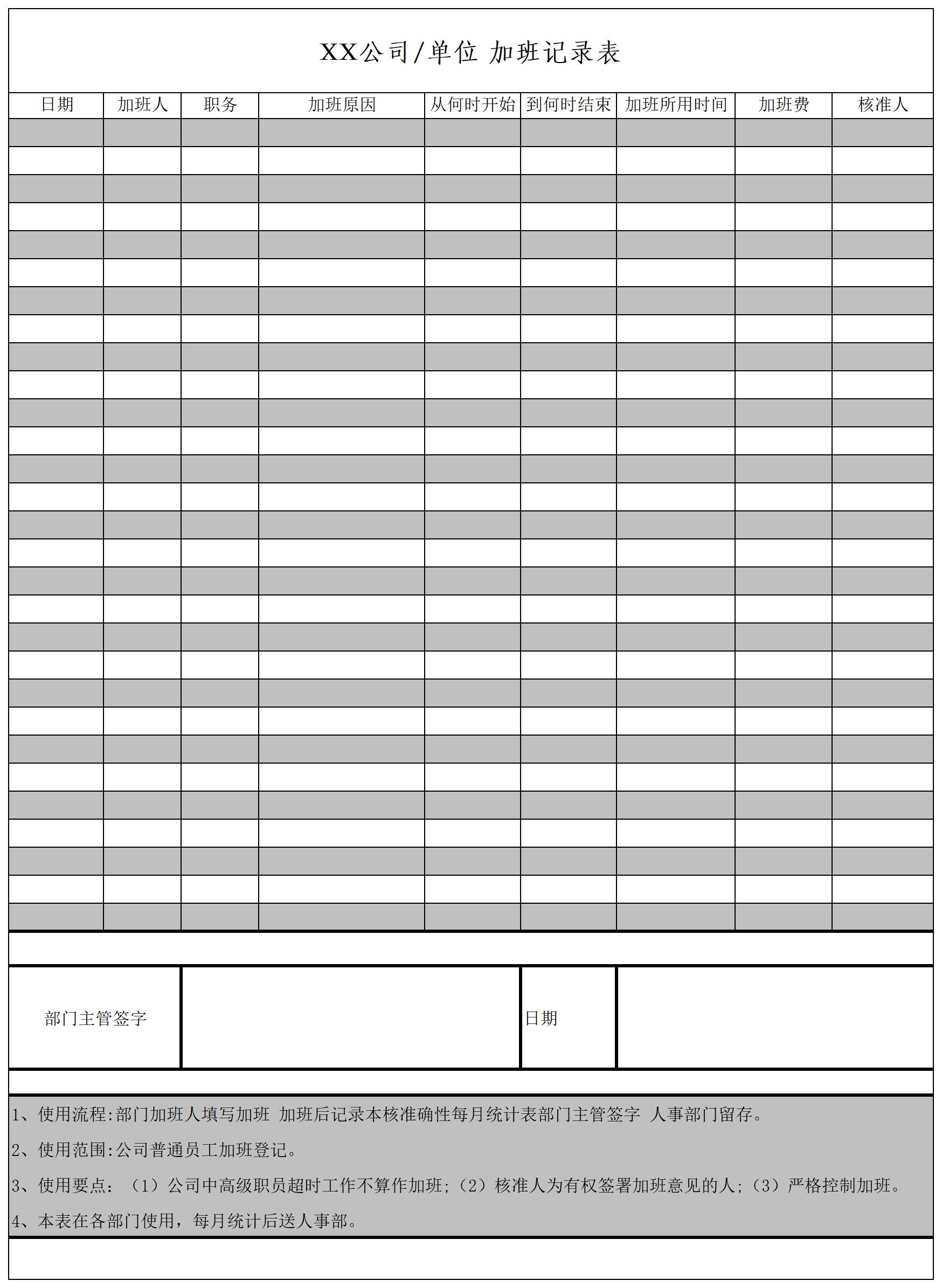 公司企业加班记录表excel模板