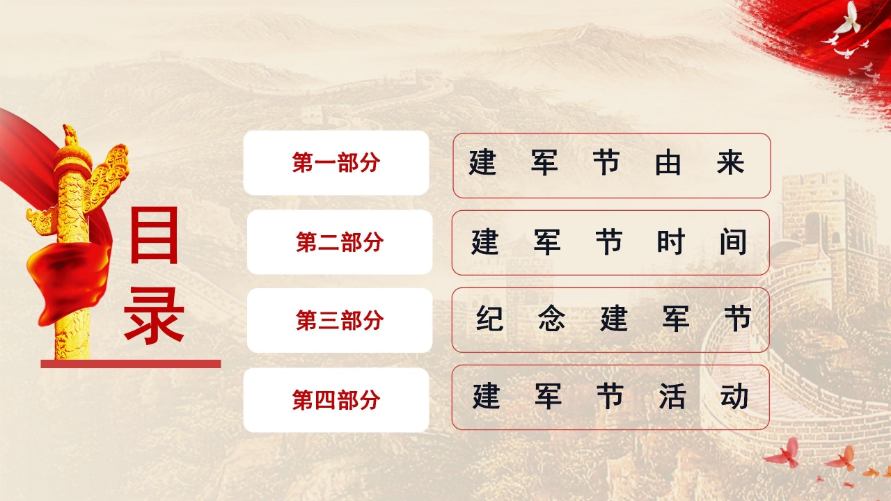 隆重宏伟红旗背景点缀建军节党政通用PPT模板