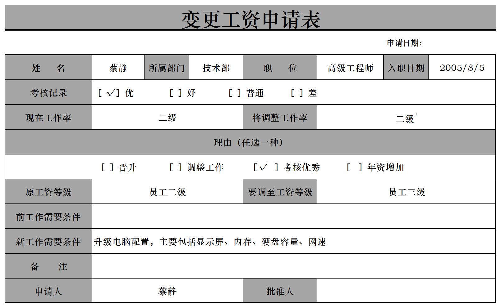 变更工资申请excel模板