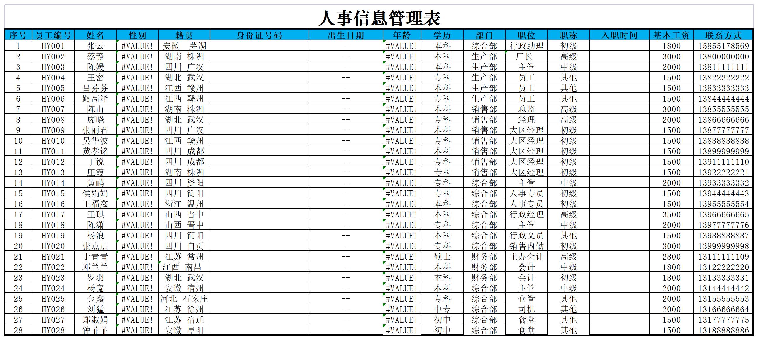 防疫各部门员工职位分布表excel模板
