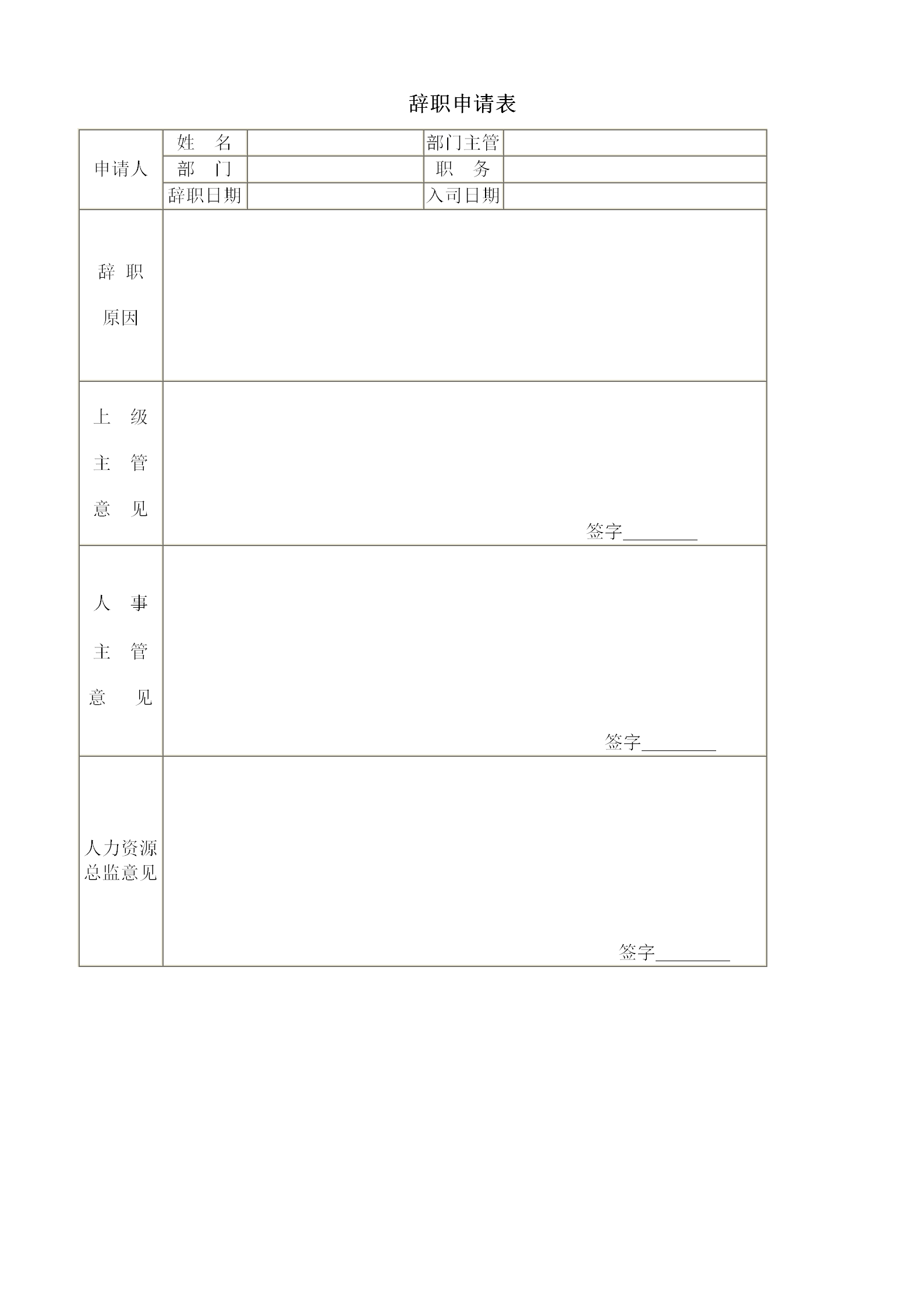 企业员工辞职申请表word模板