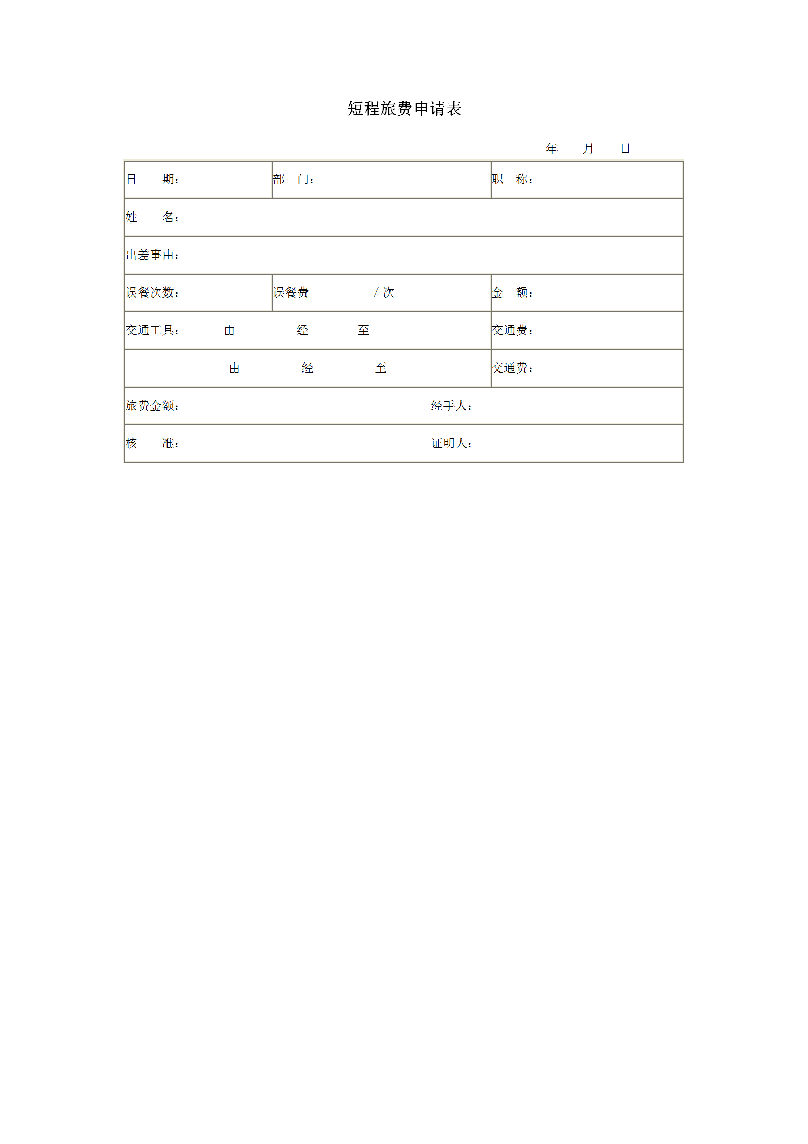 企业管理短程旅费申请表word模板