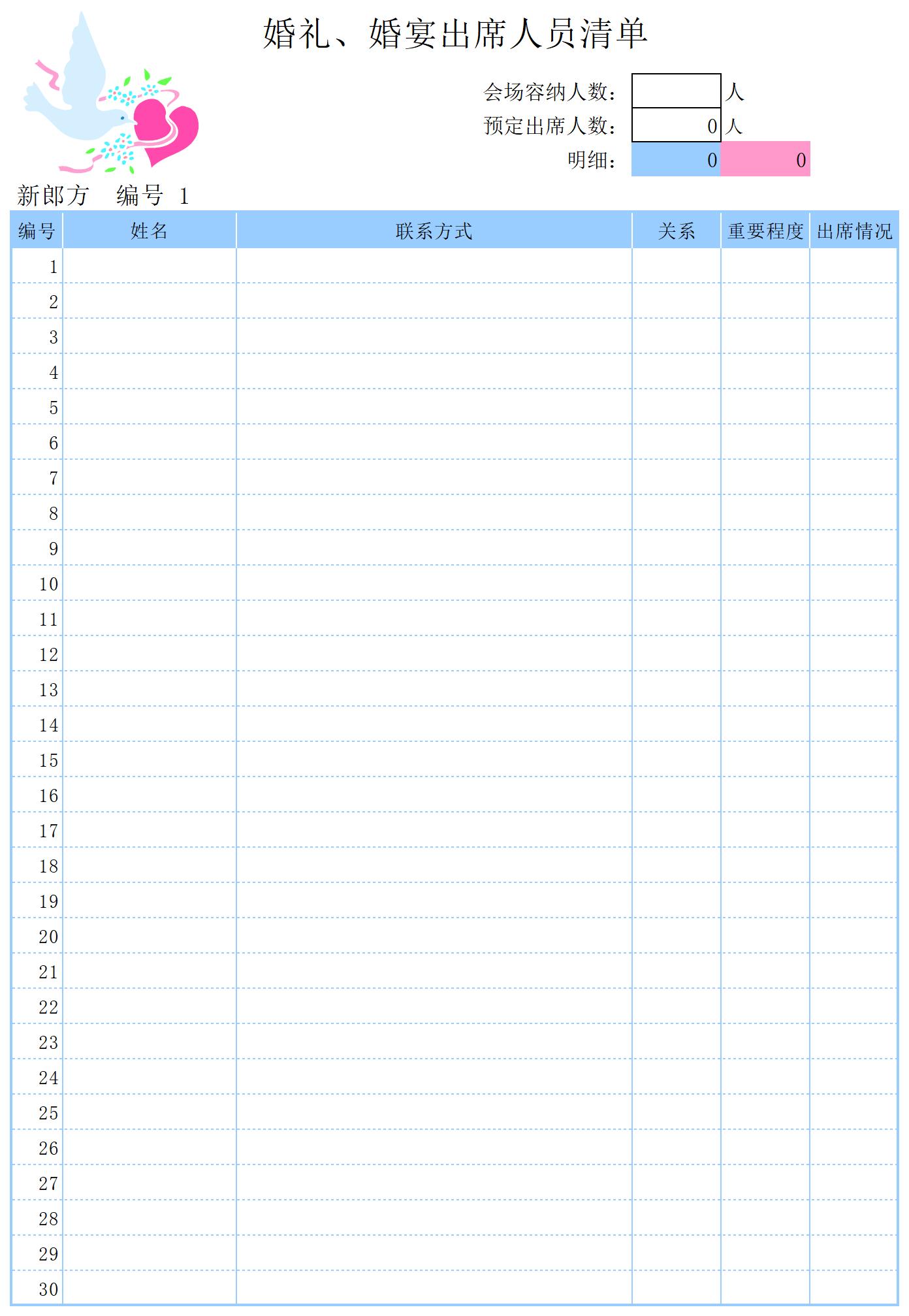 婚礼出席人员清单excel模板