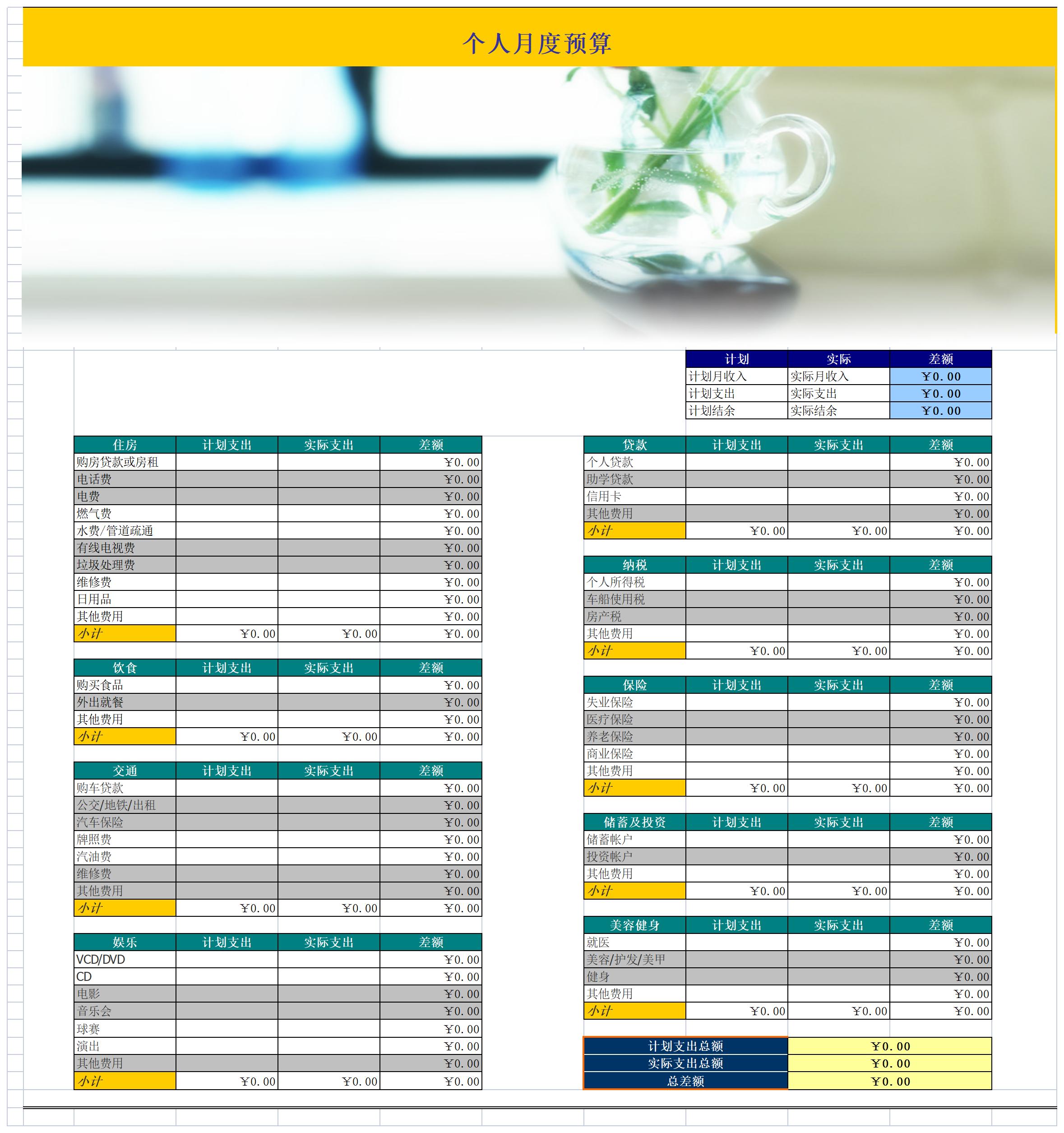 个人月度预算财务表excel模板
